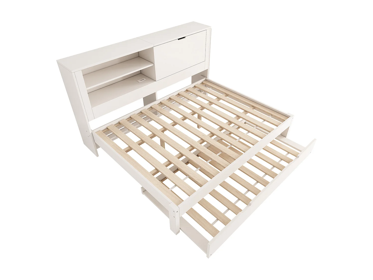 Lit banquette140x190 cm avec lit gigogne 90x190 cm, ports USB et rangements - Blanc