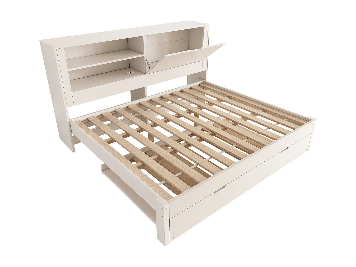 Lit banquette140x190 cm avec lit gigogne 90x190 cm, ports USB et rangements - Blanc