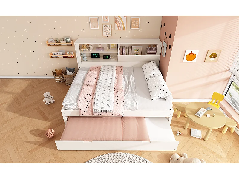 Lit banquette140x190 cm avec lit gigogne 90x190 cm, ports USB et rangements - Blanc