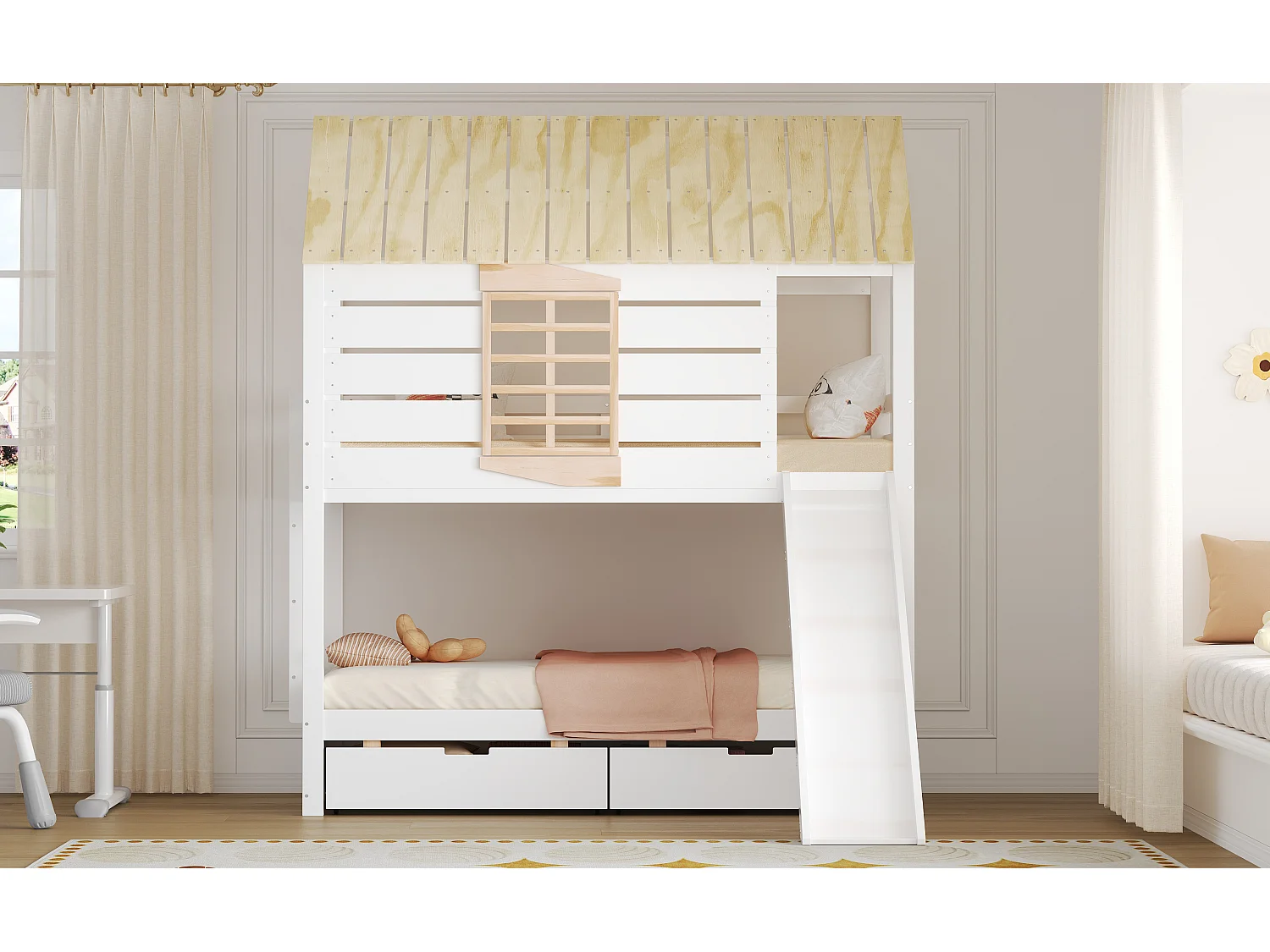 Lit superposé 90x200 cm avec toboggan et 2 tiroirs - Lit cabane en bois pin et MDF - Blanc + naturel clair