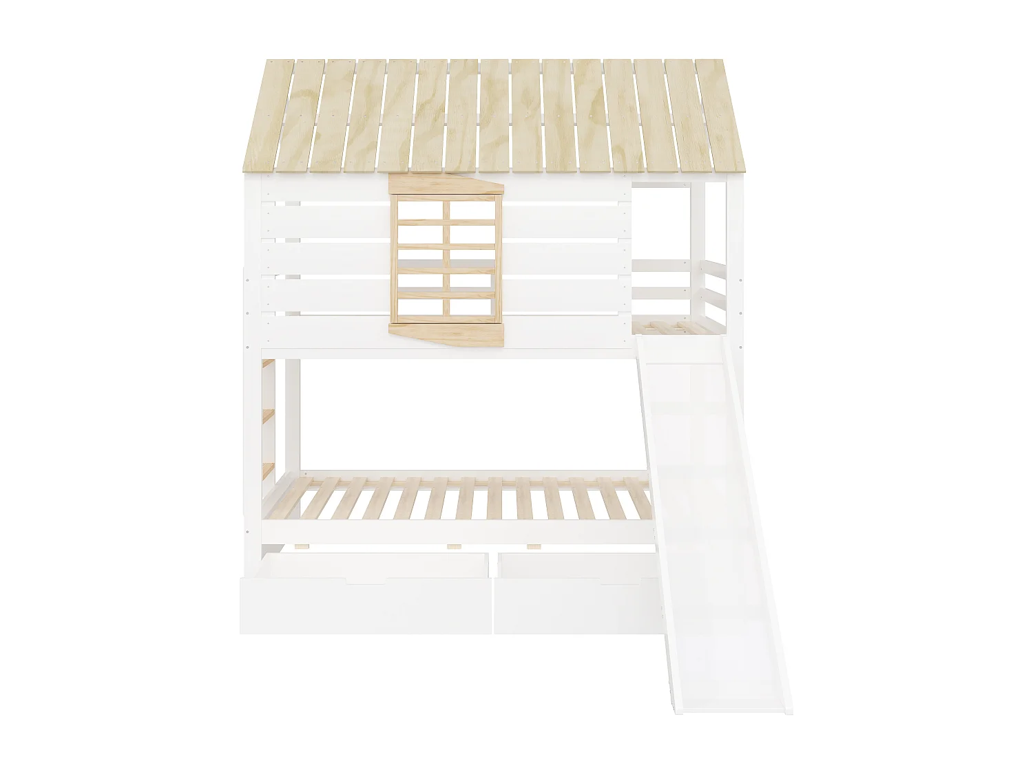 Lit superposé 90x200 cm avec toboggan et 2 tiroirs - Lit cabane en bois pin et MDF - Blanc + naturel clair