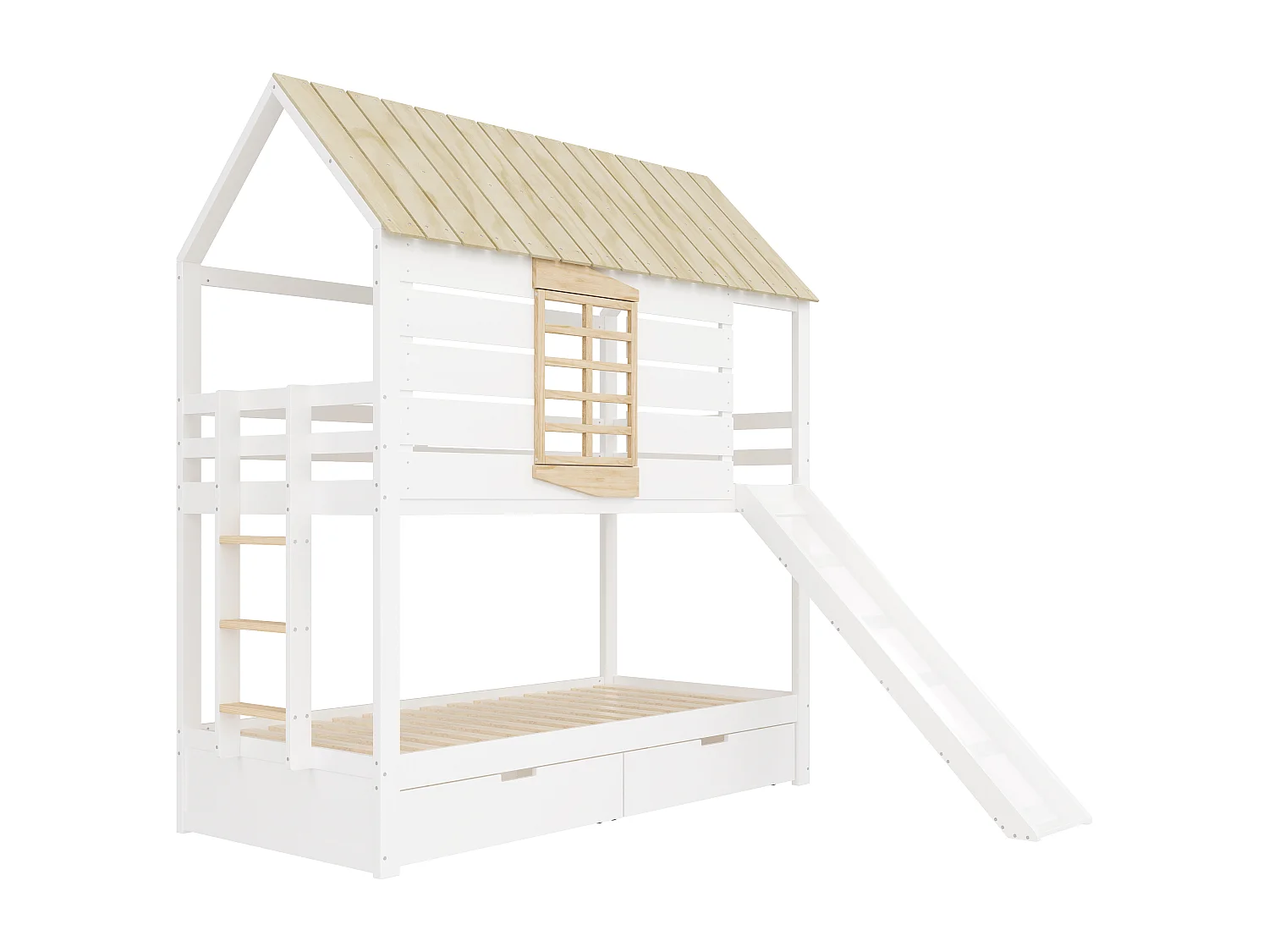 Lit superposé 90x200 cm avec toboggan et 2 tiroirs - Lit cabane en bois pin et MDF - Blanc + naturel clair