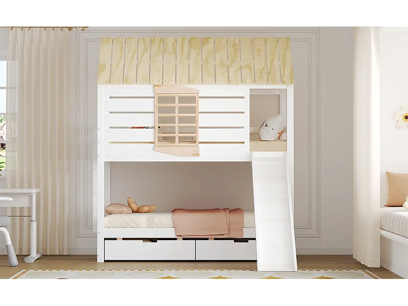 Lit superposé 90x200 cm avec toboggan et 2 tiroirs - Lit cabane en bois pin et MDF - Blanc + naturel clair