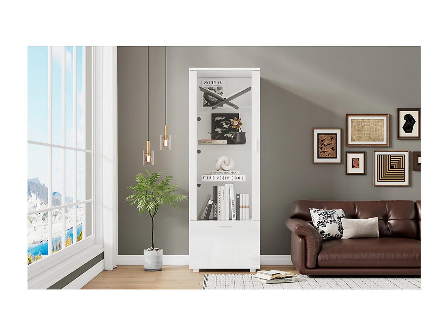 Vitrine LED blanche avec portes en acrylique et 3 étagères 50x40x160 cm