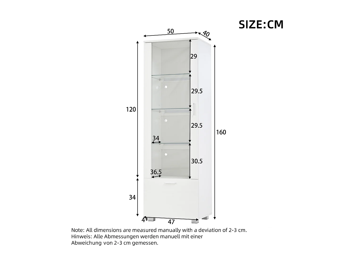 Vitrine LED blanche avec portes en acrylique et 3 étagères 50x40x160 cm