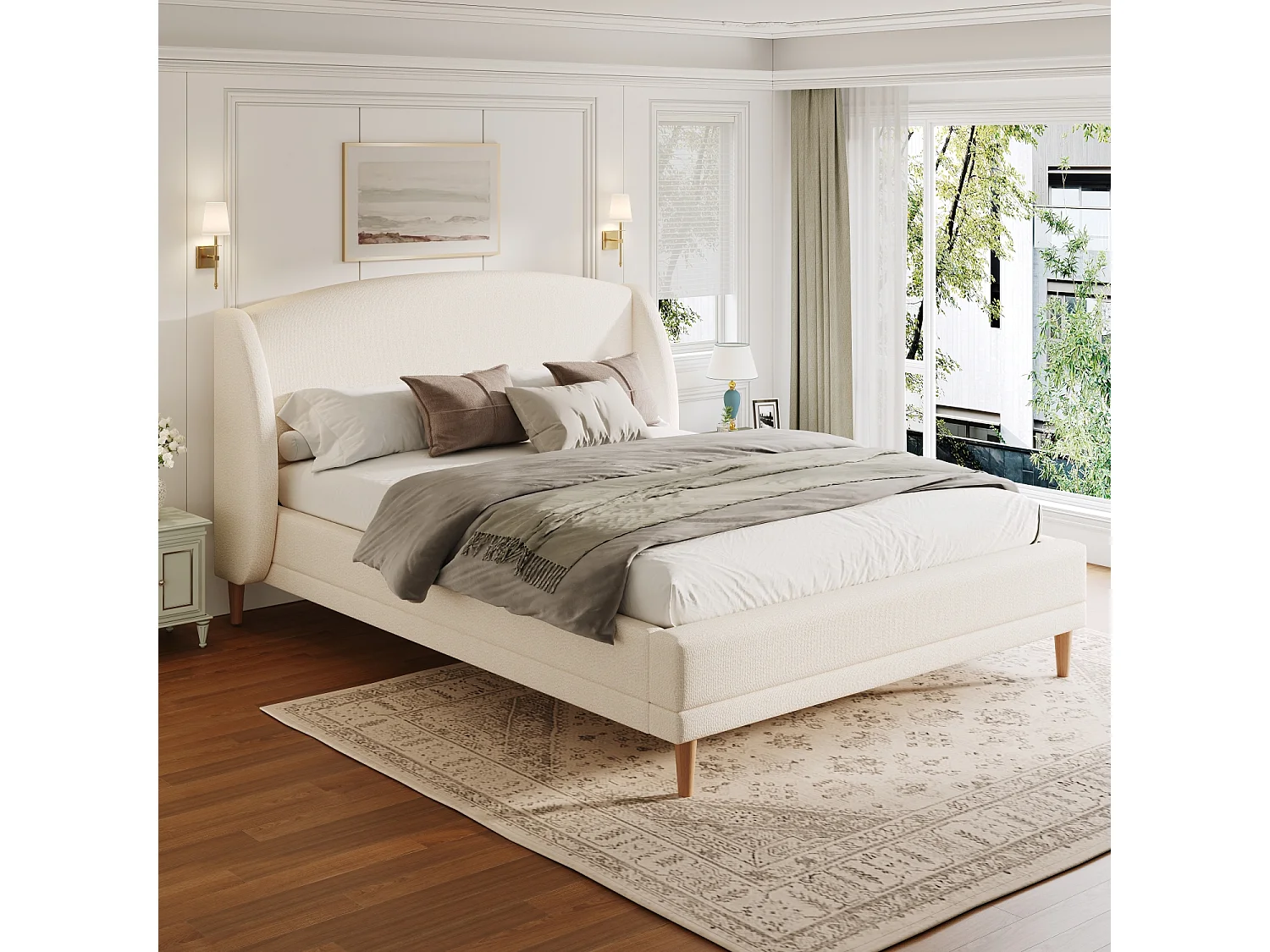 Lit adulte 140x190 cm avec tête de lit à oreilles - Tissu bouclé blanc ivoire