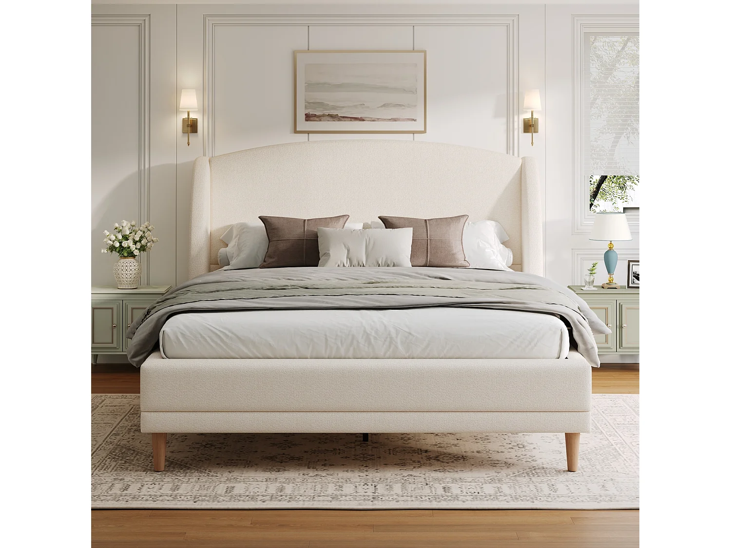 Lit adulte 140x190 cm avec tête de lit à oreilles - Tissu bouclé blanc ivoire