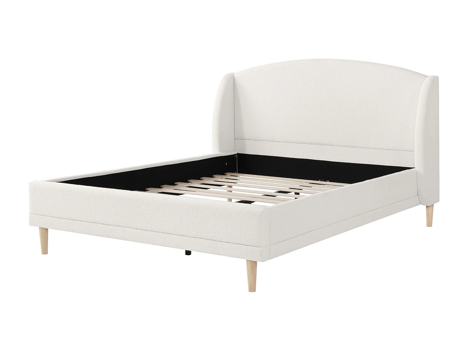 Lit adulte 140x190 cm avec tête de lit à oreilles - Tissu bouclé blanc ivoire