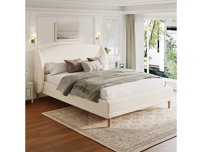 Lit adulte 140x190 cm avec tête de lit à oreilles - Tissu bouclé blanc ivoire