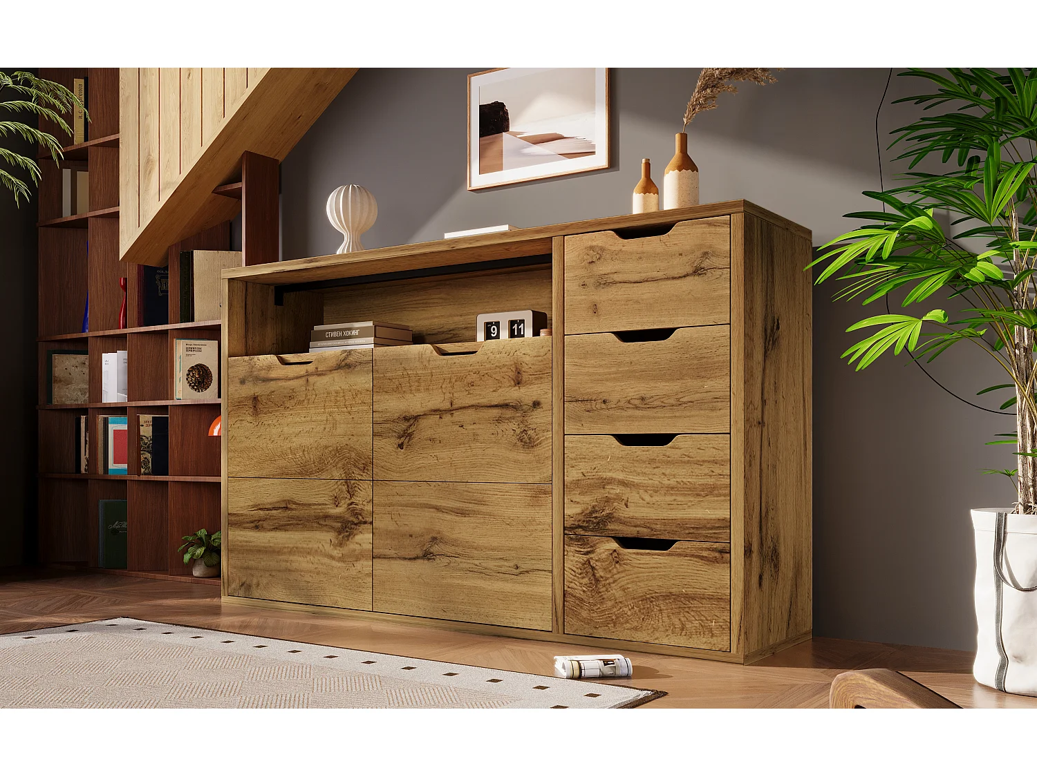 Buffet avec niche ouverte, 2 portes et 4 tiroirs - Couleur bois 150x40x90 cm