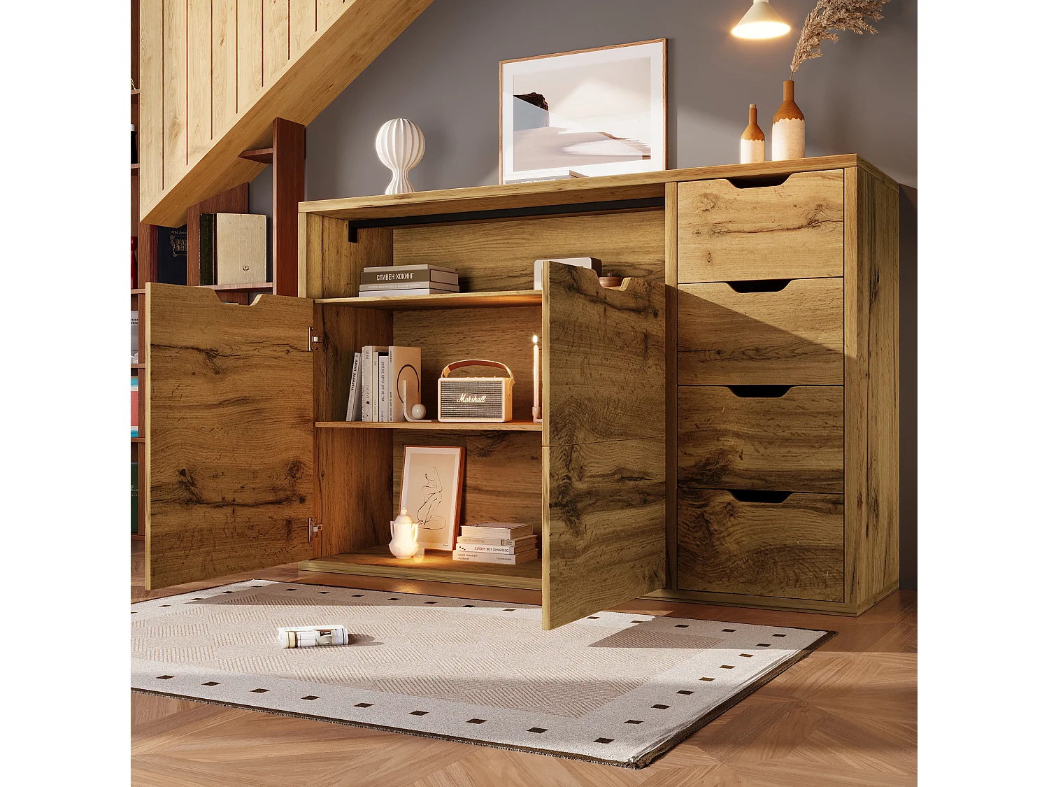 Buffet avec niche ouverte, 2 portes et 4 tiroirs - Couleur bois 150x40x90 cm