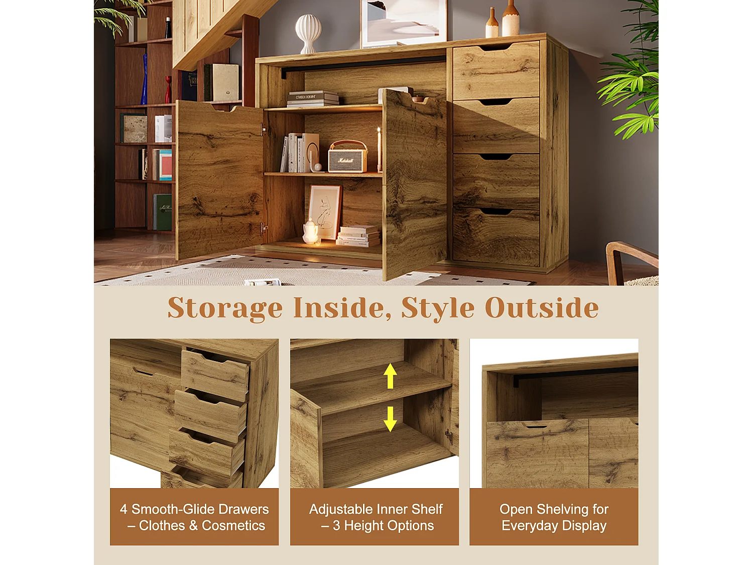 Buffet avec niche ouverte, 2 portes et 4 tiroirs - Couleur bois 150x40x90 cm