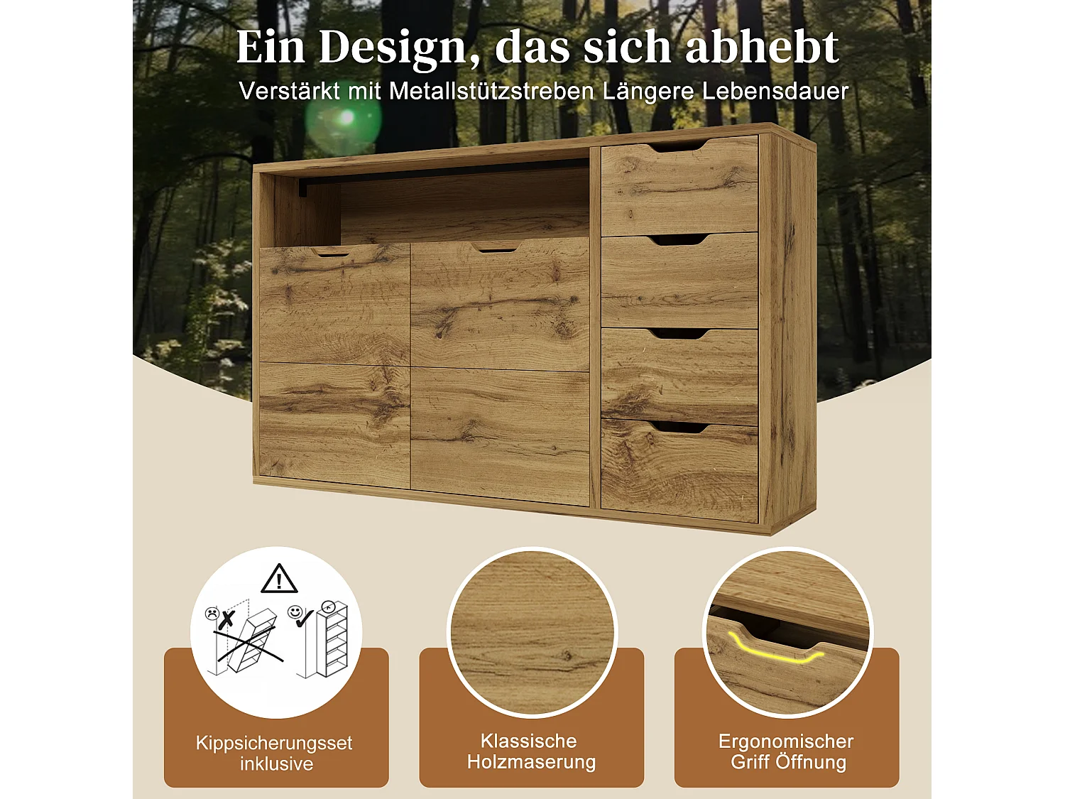 Buffet avec niche ouverte, 2 portes et 4 tiroirs - Couleur bois 150x40x90 cm