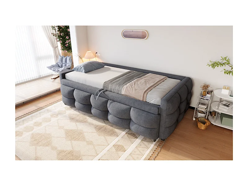 Lit enfant gigogne 90/180x190 cm extensible en tissu Teddy gris