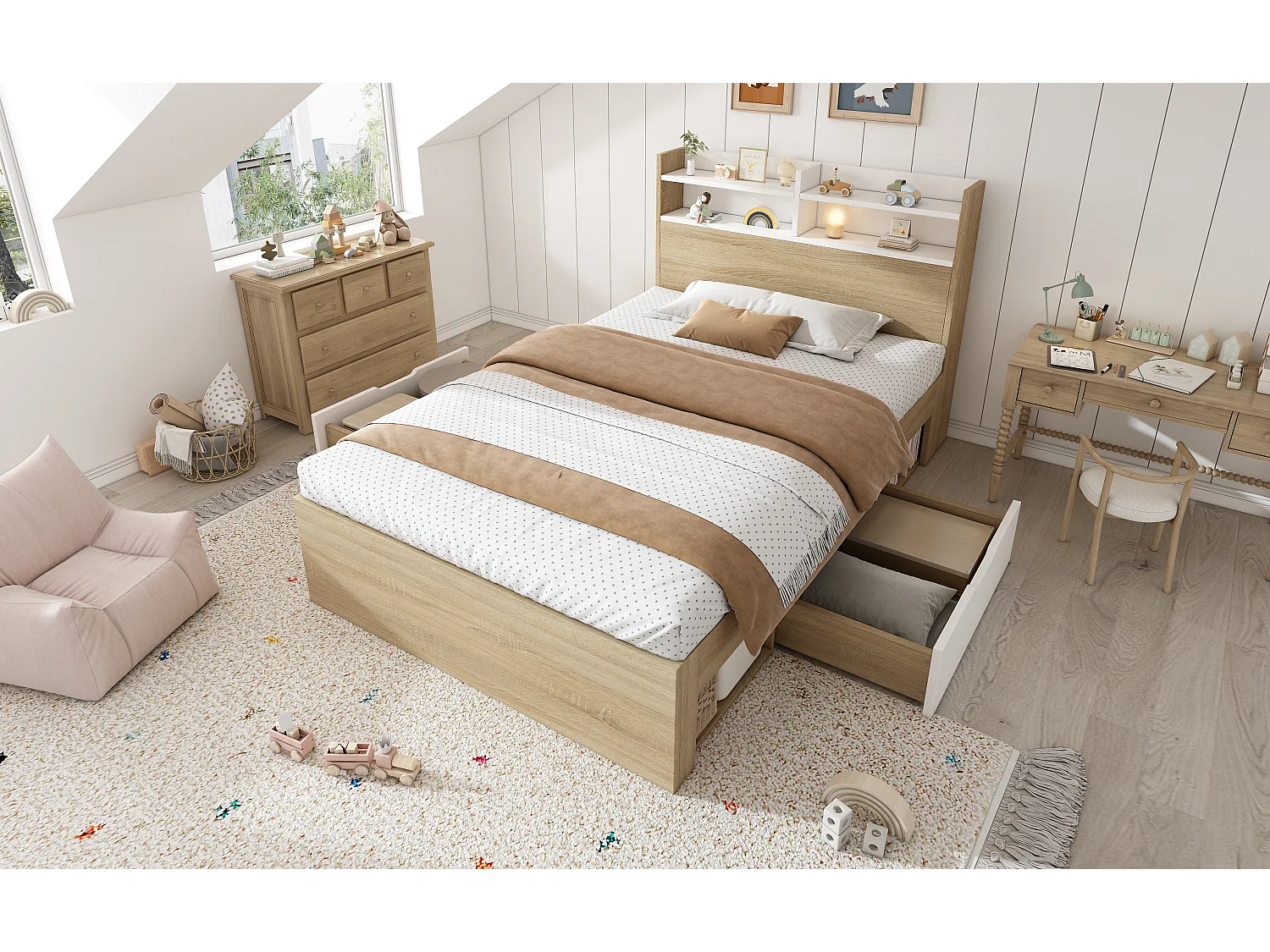 Lit enfant 90x190 cm avec 2 tiroirs et niches - Couleur bois et blanc