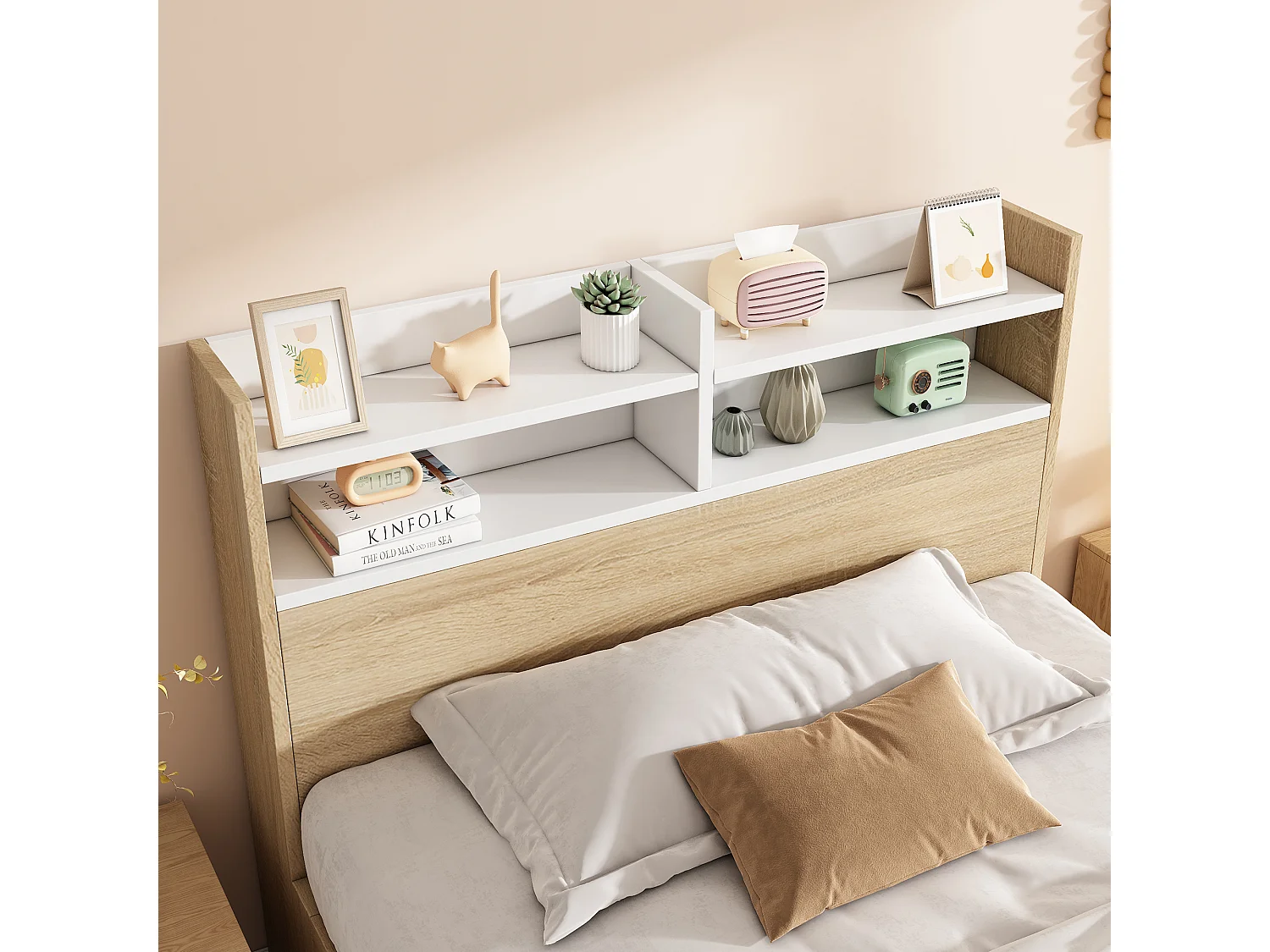 Lit enfant 90x190 cm avec 2 tiroirs et niches - Couleur bois et blanc