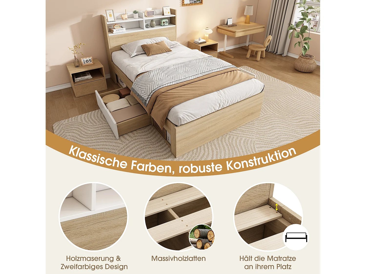 Lit enfant 90x190 cm avec 2 tiroirs et niches - Couleur bois et blanc