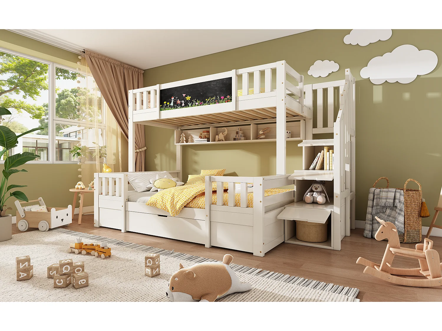 Lit superposé enfant 90x200 cm et 140x200 cm avec tiroir et escalier de rangement - Bois blanc