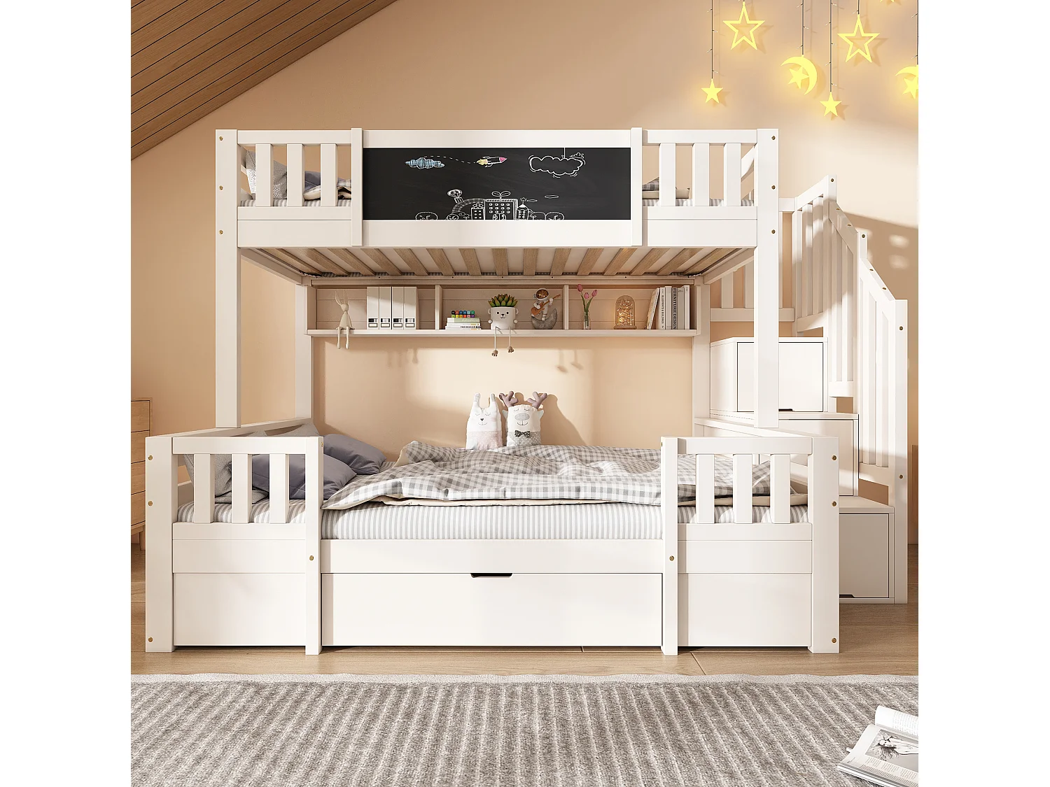 Lit superposé enfant 90x200 cm et 140x200 cm avec tiroir et escalier de rangement - Bois blanc