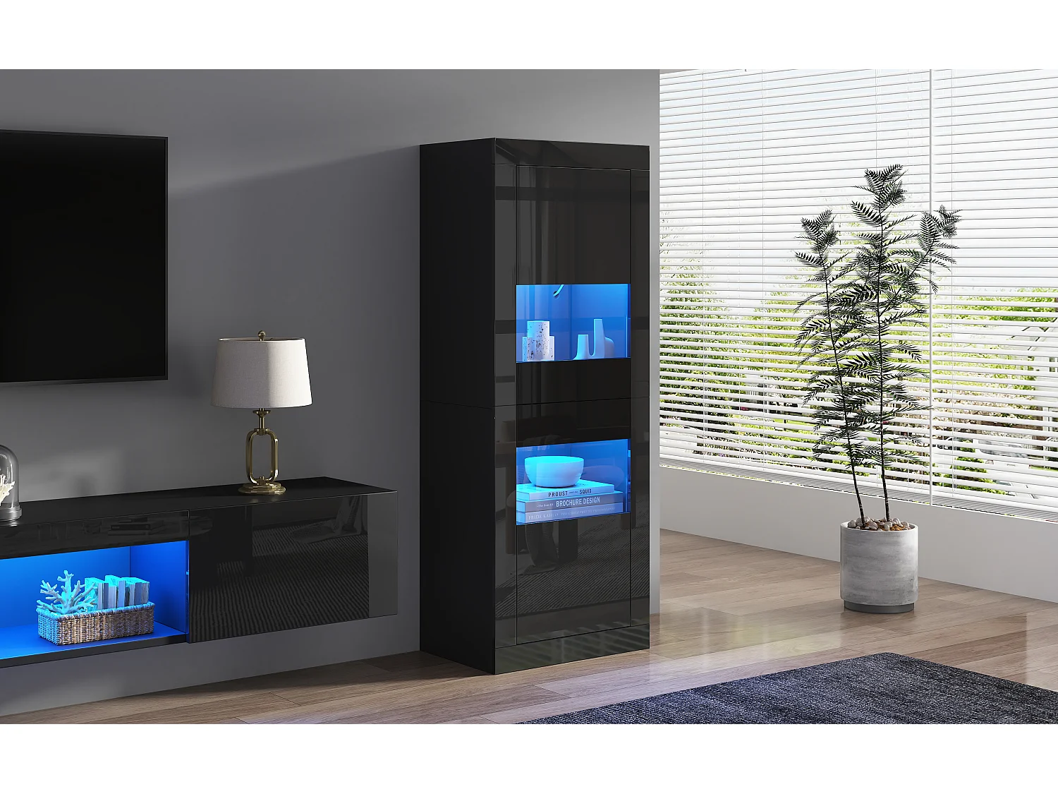 Zwarte LED-vitrinekast met glazen planken en 2 deuren, 61x42x162 cm