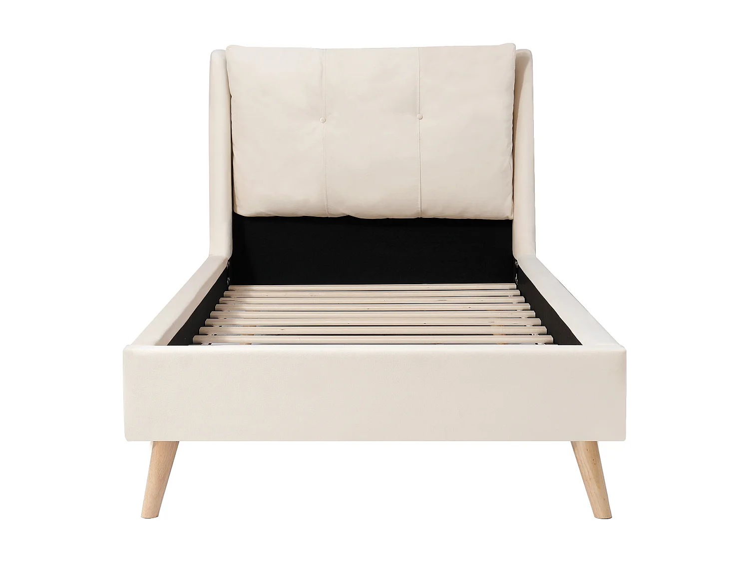 Lit enfant 90x200 cm en velours beige avec tête de lit douce - Pieds en bois