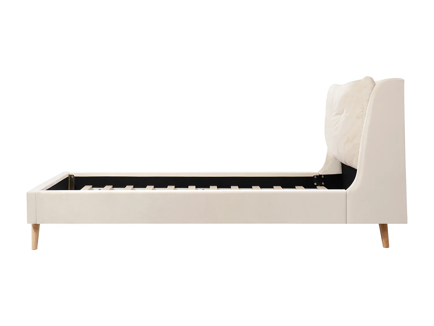 Lit enfant 90x200 cm en velours beige avec tête de lit douce - Pieds en bois