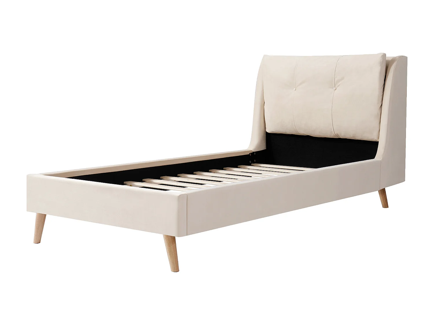 Lit enfant 90x200 cm en velours beige avec tête de lit douce - Pieds en bois
