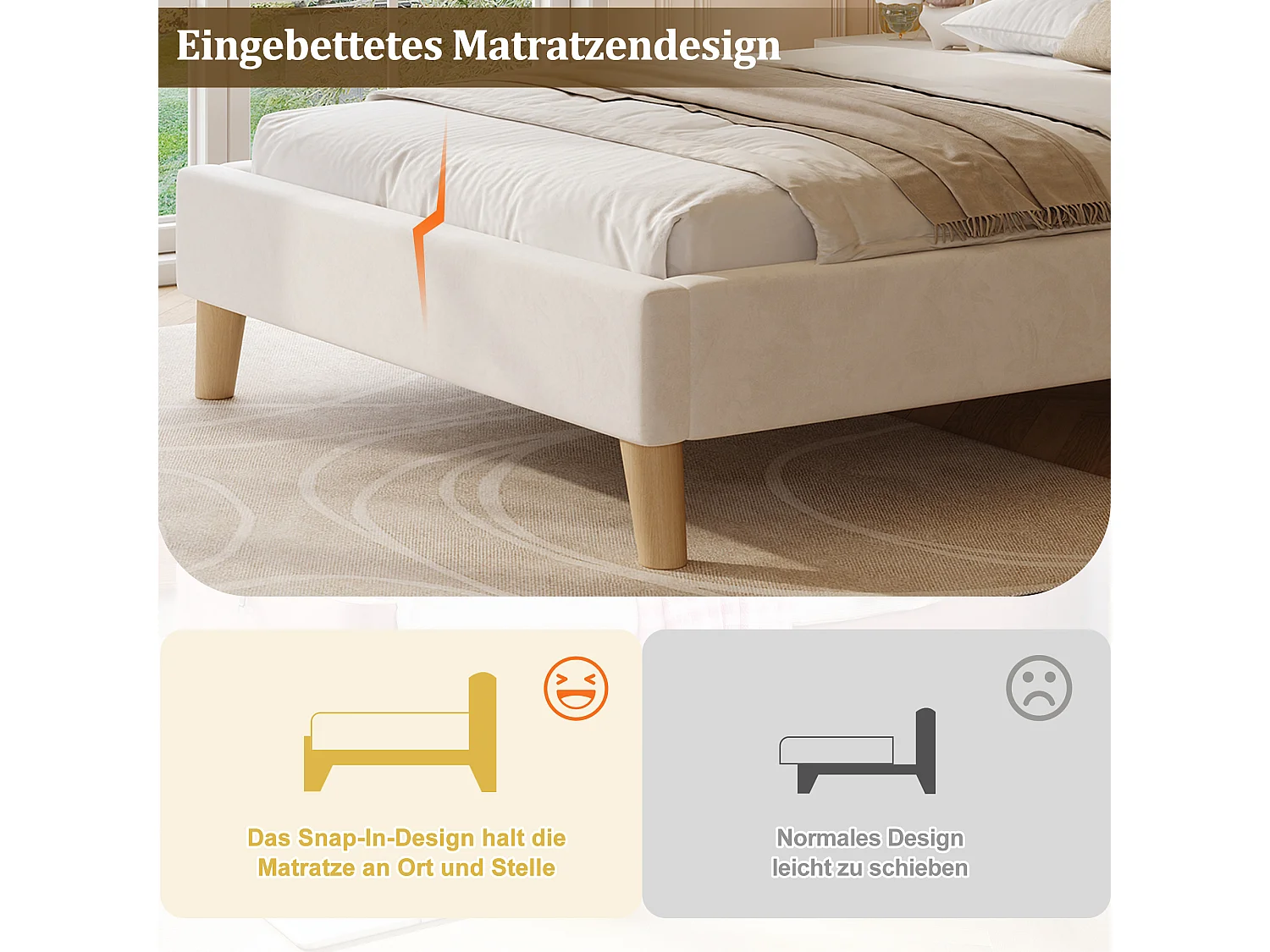 Lit enfant 90x200 cm en velours beige avec tête de lit douce - Pieds en bois