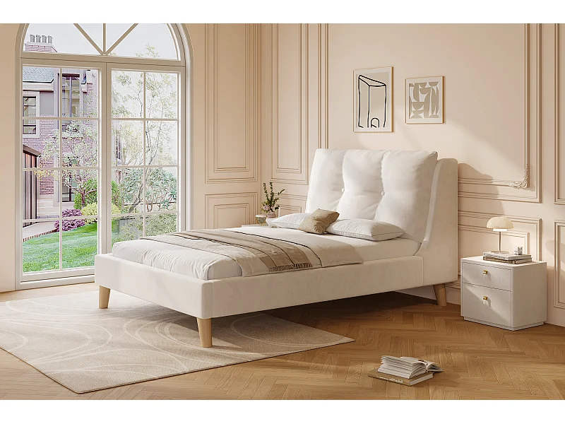 Lit enfant 90x200 cm en velours beige avec tête de lit douce - Pieds en bois