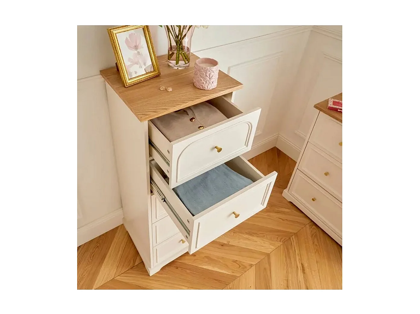 Chiffonnier meuble de rangement avec 5 tiroirs, coloris ivoire - Longueur 45 x Profondeur 39 x Hauteur 113 cm