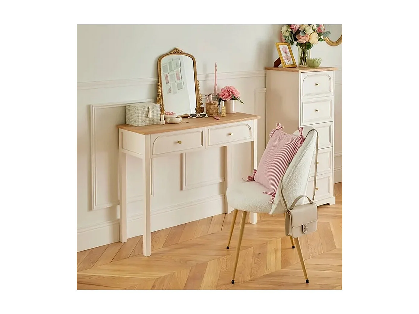 Chiffonnier meuble de rangement avec 5 tiroirs, coloris ivoire - Longueur 45 x Profondeur 39 x Hauteur 113 cm