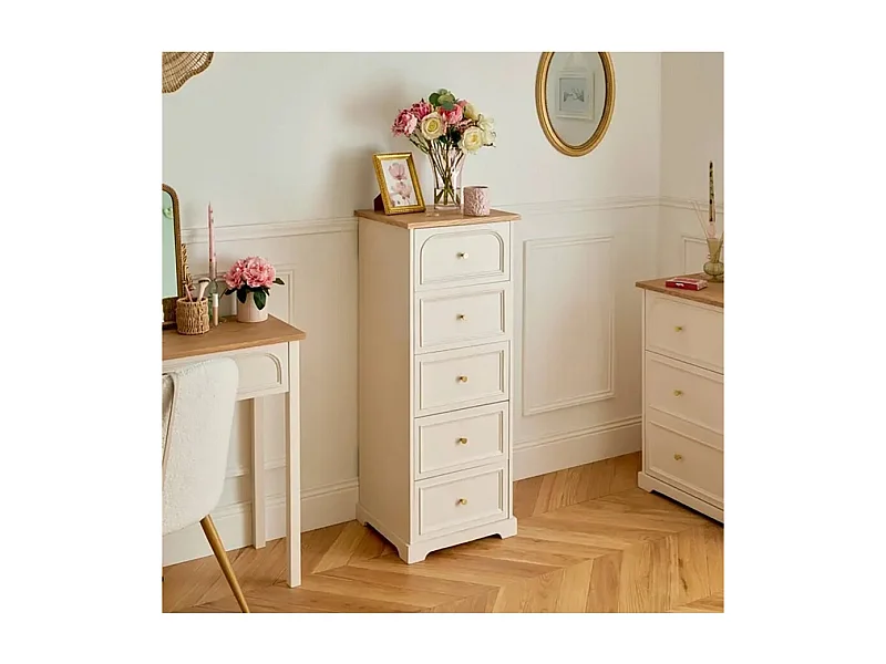 Chiffonnier meuble de rangement avec 5 tiroirs, coloris ivoire - Longueur 45 x Profondeur 39 x Hauteur 113 cm