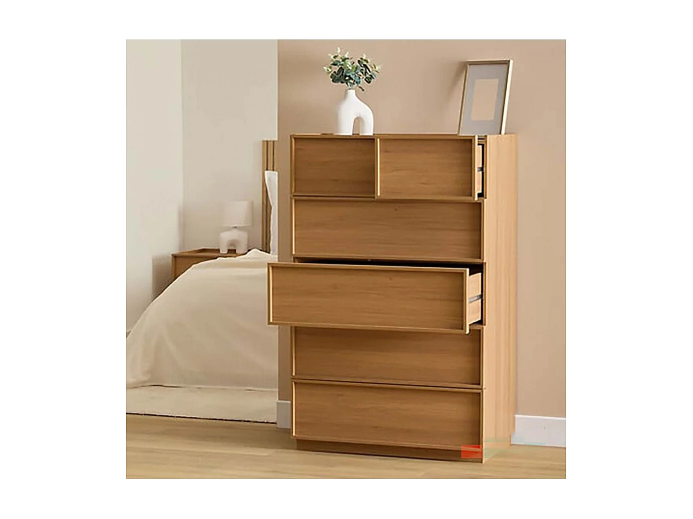 Commode meuble de rangement à 6 tiroirs, coloris marron - Longueur 115 x Profondeur 48 x Hauteur 78 cm