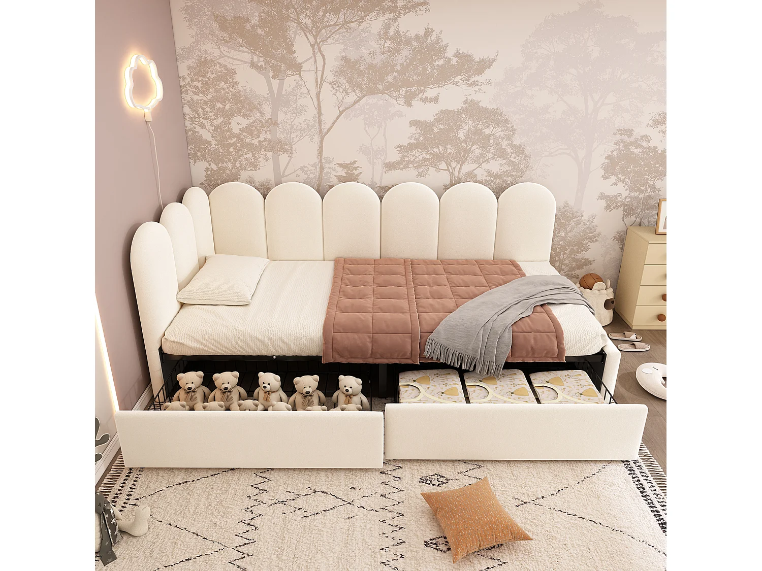 Sofá-cama de criança de 90x190 cm em veludo bege com 2 gavetas.