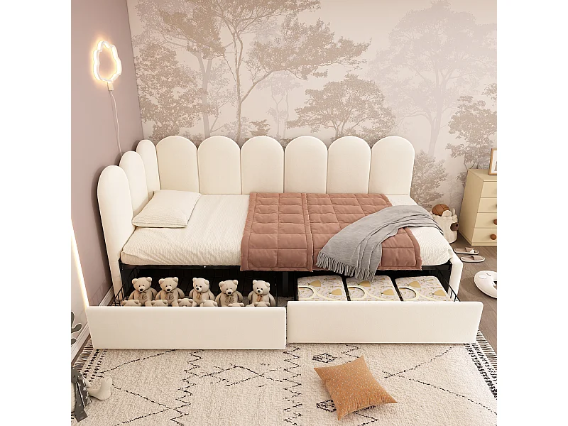 Lit banquette enfant 90x190 cm en velours beige avec 2 tiroirs