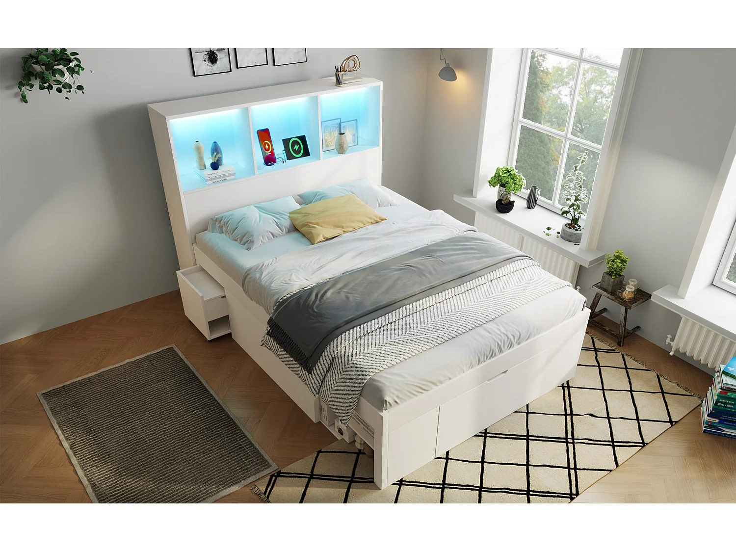 Lit simple 90x200 cm avec LED, ports USB/Type-C, tiroirs et chevets mobile - Blanc