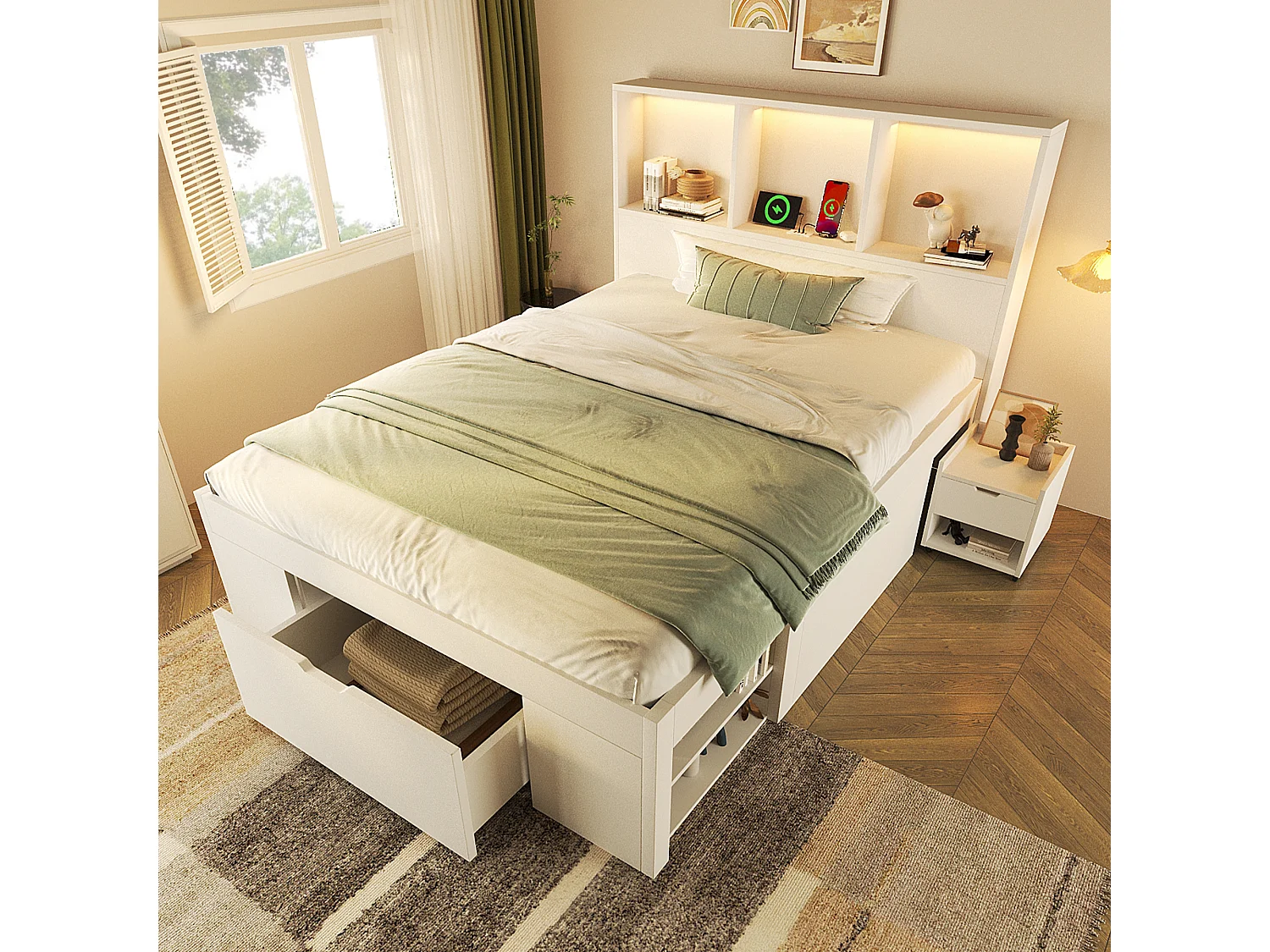 Lit simple 90x200 cm avec LED, ports USB/Type-C, tiroirs et chevets mobile - Blanc