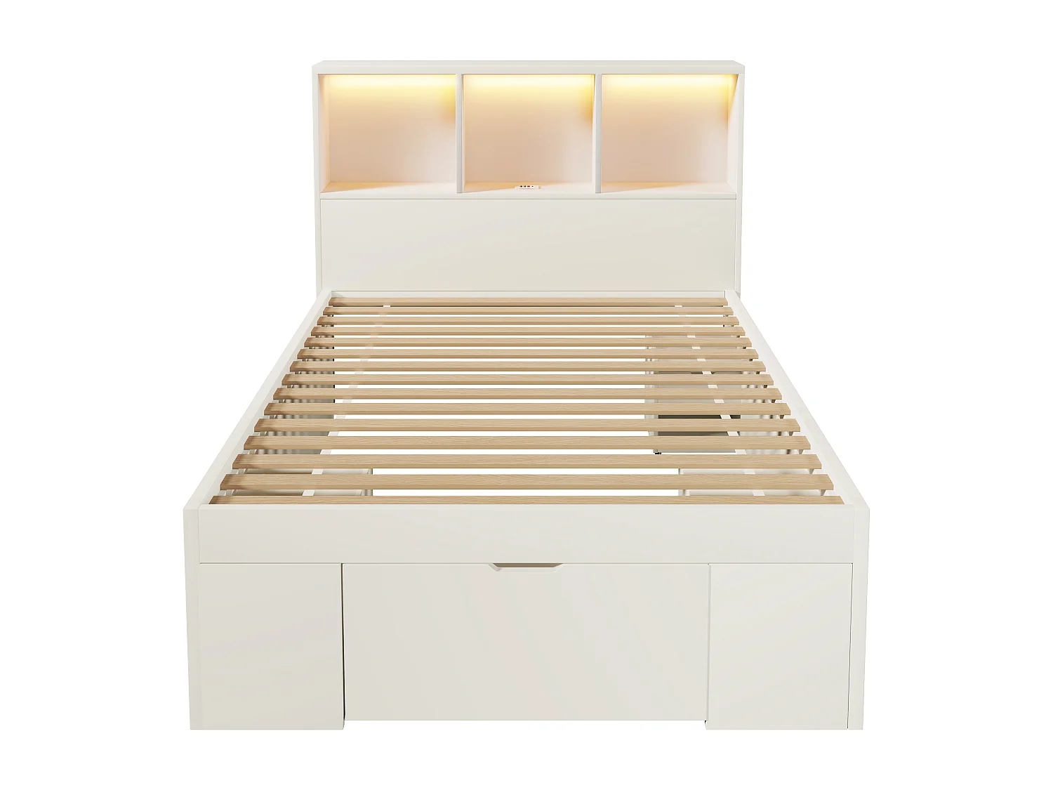 Lit simple 90x200 cm avec LED, ports USB/Type-C, tiroirs et chevets mobile - Blanc