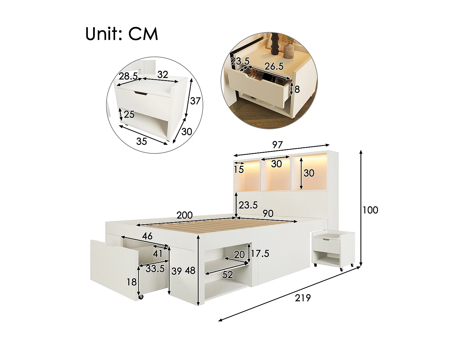 Lit simple 90x200 cm avec LED, ports USB/Type-C, tiroirs et chevets mobile - Blanc