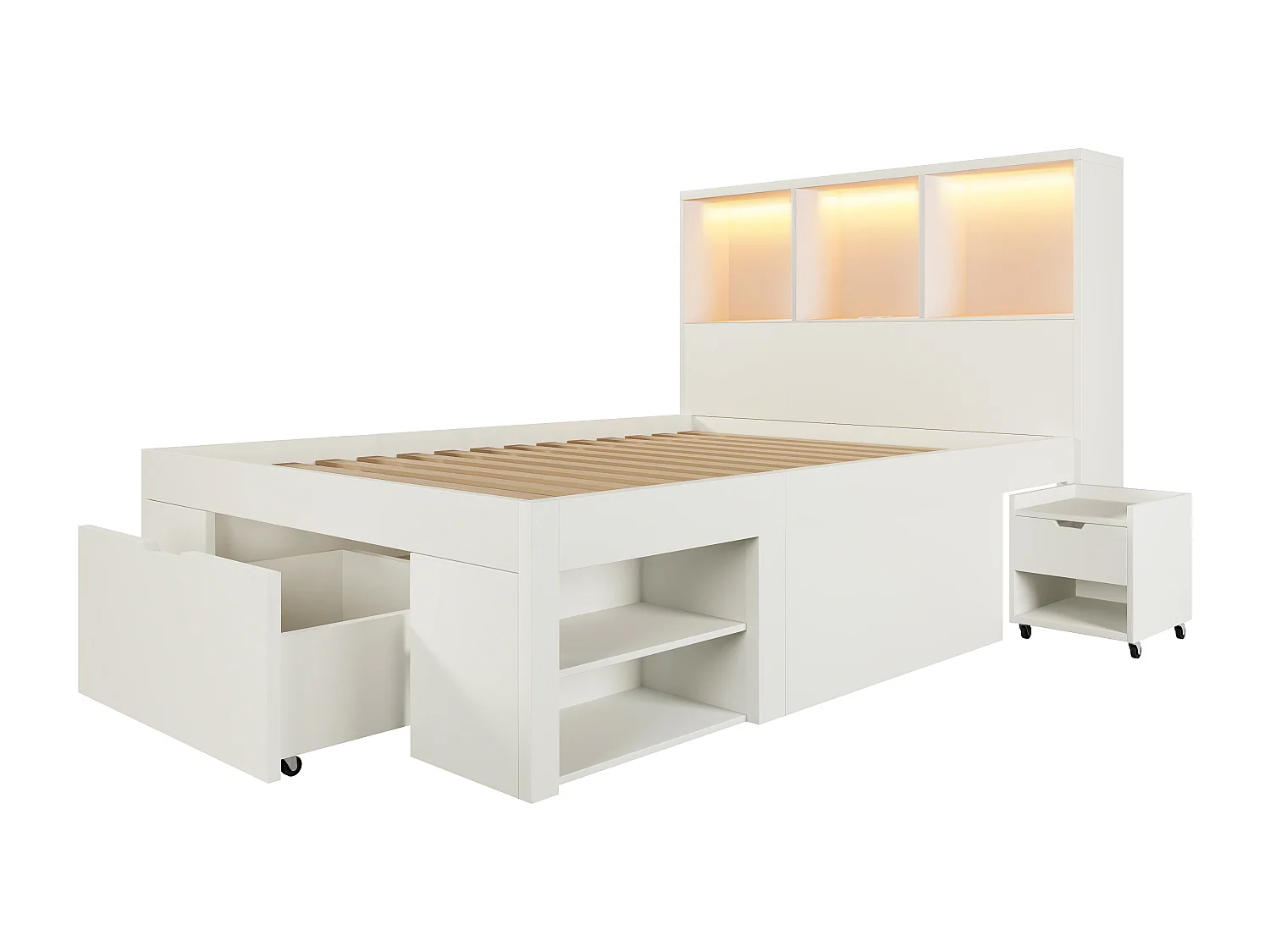 Lit simple 90x200 cm avec LED, ports USB/Type-C, tiroirs et chevets mobile - Blanc