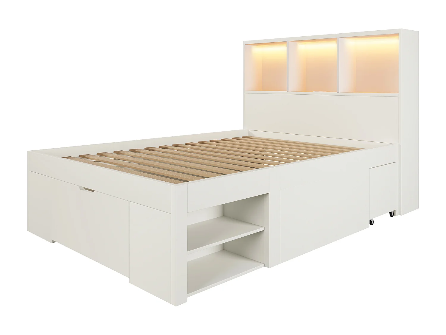 Lit simple 90x200 cm avec LED, ports USB/Type-C, tiroirs et chevets mobile - Blanc