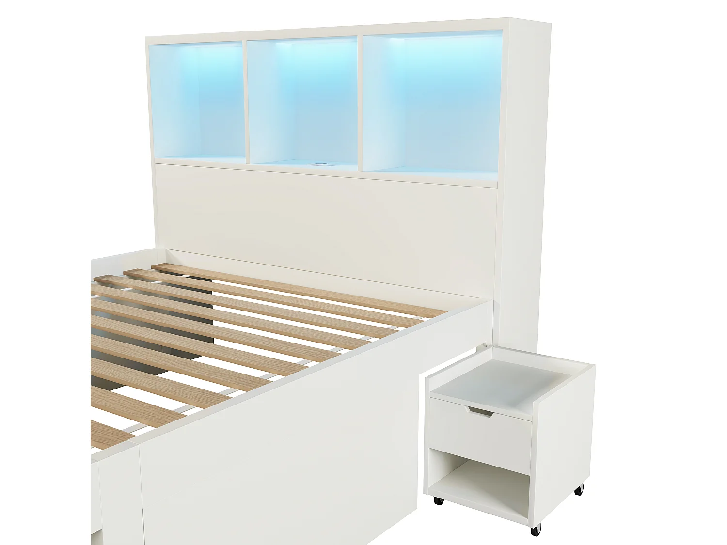 Lit simple 90x200 cm avec LED, ports USB/Type-C, tiroirs et chevets mobile - Blanc