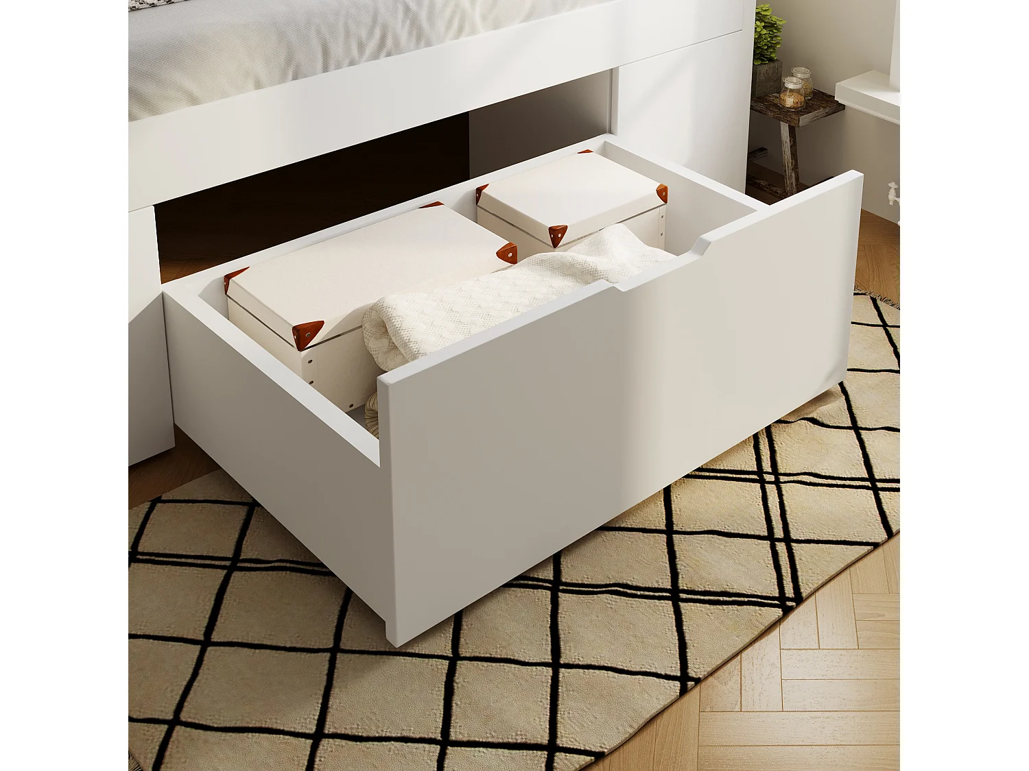 Lit simple 90x200 cm avec LED, ports USB/Type-C, tiroirs et chevets mobile - Blanc