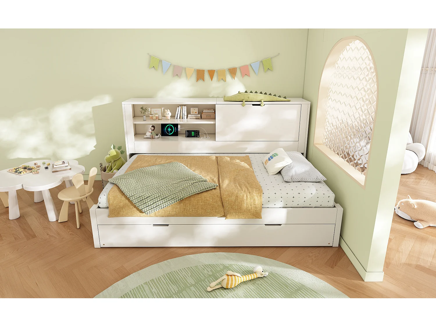 Lit banquette 90x200 cm avec lit gigogne 90x190 cm, ports USB et rangements - Blanc