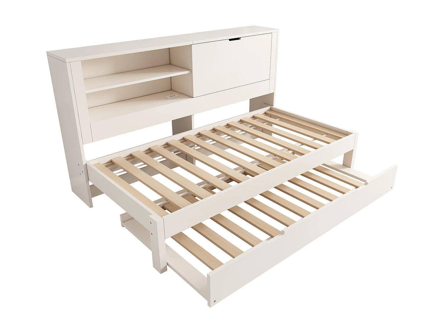 Lit banquette 90x200 cm avec lit gigogne 90x190 cm, ports USB et rangements - Blanc