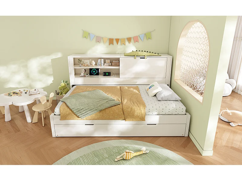 Lit banquette 90x200 cm avec lit gigogne 90x190 cm, ports USB et rangements - Blanc