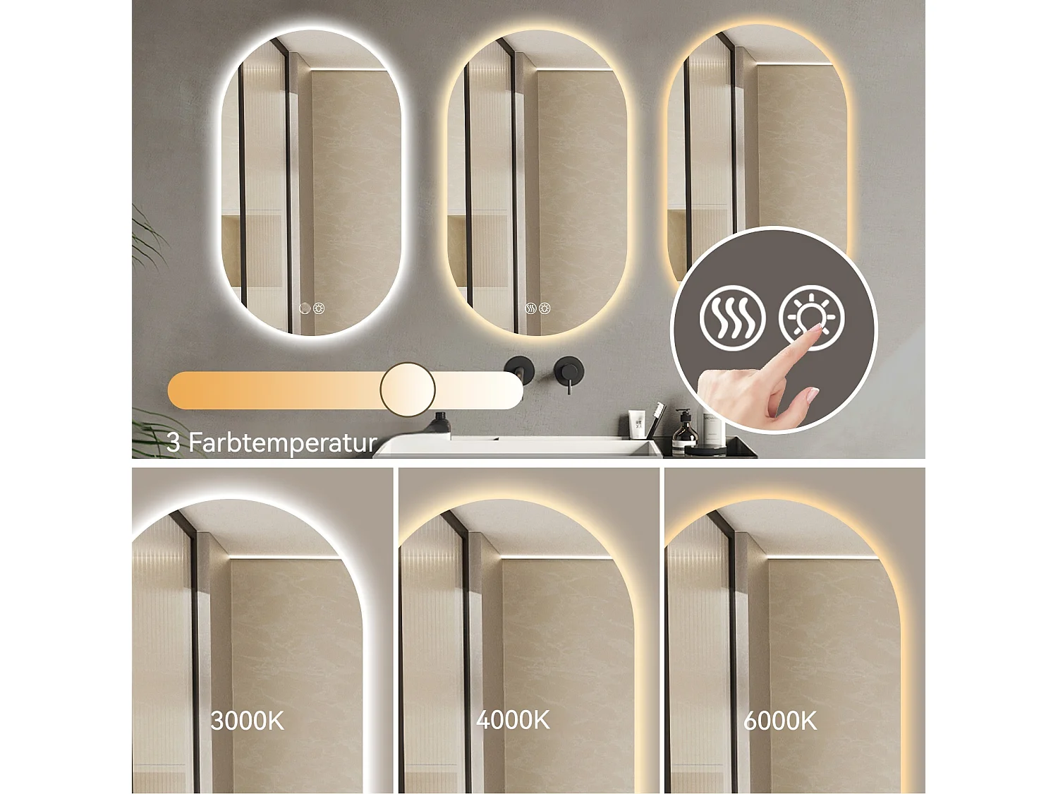 Miroir salle de bain LED tactile anti-buée 60x90 cm - Verre argenté