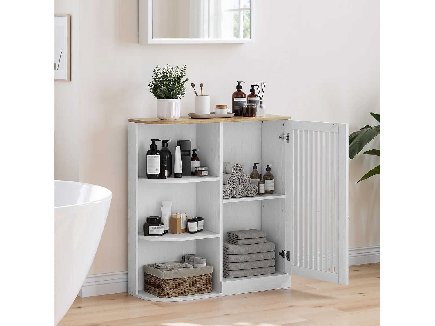 Meuble salle de bain avec portes grillagées et étagères réglables - Blanc