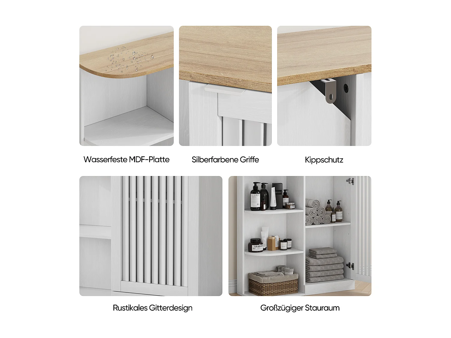 Meuble salle de bain avec portes grillagées et étagères réglables - Blanc