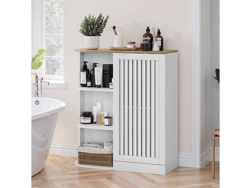 Meuble salle de bain avec portes grillagées et étagères réglables - Blanc